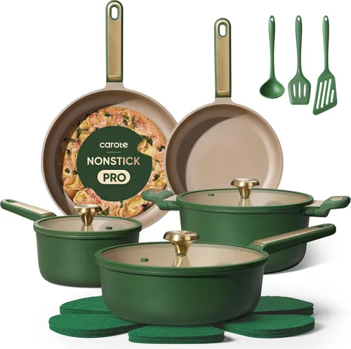 CAROTE Juego de ollas y sartenes antiadherentes, juego de utensilios de cocina, 16 piezas antiadherentes, utensilios de cocina de inducción no Verde
