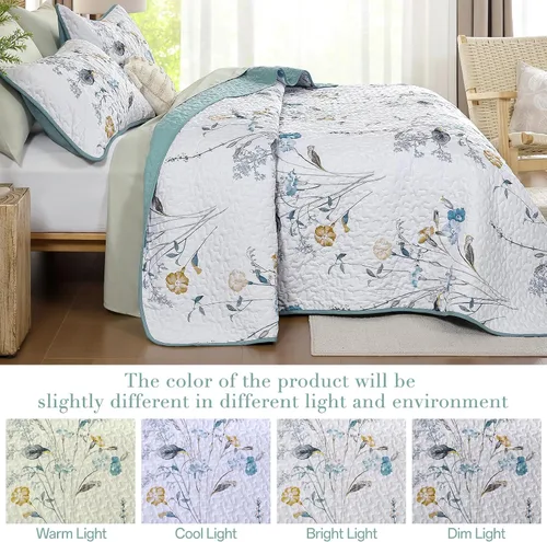 Miniatura 6 de WONGS BEDDING Juego de edredón floral verde azulado, tamaño Queen, juego de colcha de 3 piezas con patrón de plantas botánicas con 2 fundas