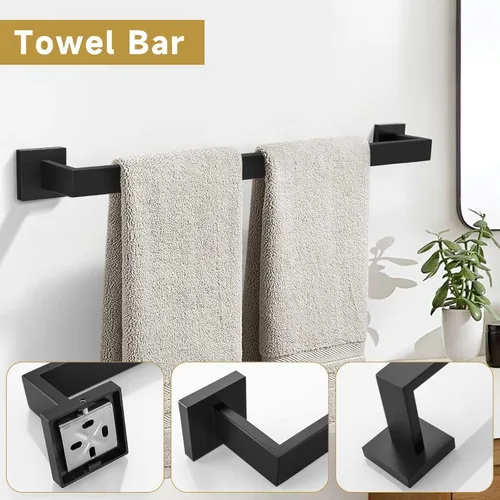 Miniatura 10 de Juego de Barras para Toallas Negras de 5 Piezas, Juego de Herrajes de Baño Incluyendo Barra para Toallas de 23.6 Pulgadas, Anillo para Toallas, Negro