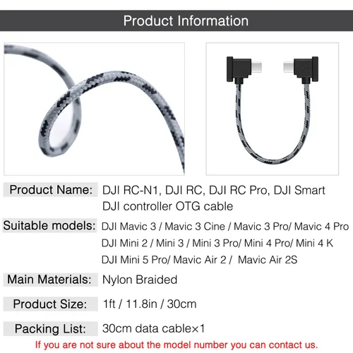 Cable de control remoto USB C a USB C de 1 pie para iPhone 17/16/15, DJI Mavic 3, Mini 2/3/Mini 4 Pro/5 Pro, Air 2S, Mavic Air 2, DJI RC-N1, RC Pro