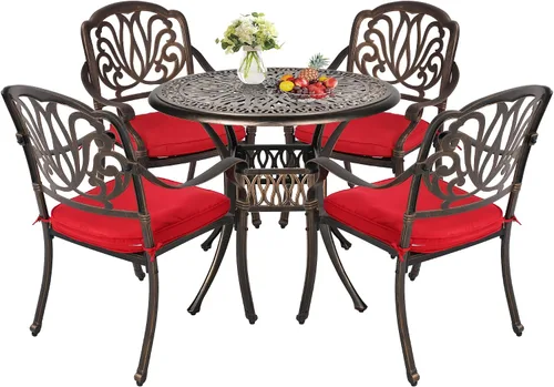 Miniatura 7 de TITIMO Juego de comedor de 5 piezas de aluminio fundido para patio al aire libre, 4 sillas con patrón y mesa redonda de 35.4 pulgadas, juego de Sin