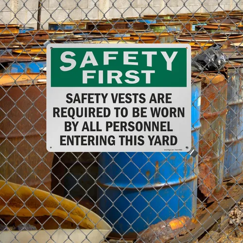 Miniatura 3 de SmartSign Letrero de metal OSHA de 18 x 24 pulgadas con texto en inglés "Safety First - Safety Vests are Required by All Personnel Entering This Se