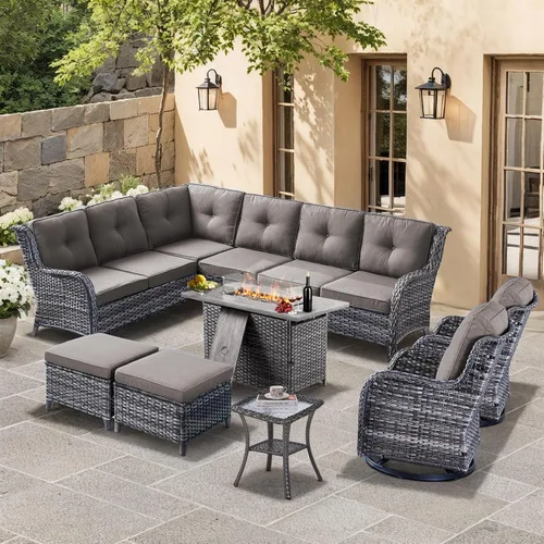 Miniatura 47 de HUMMUH Sillas Mecedoras Giratorias de Mimbre para Patio Exterior con Respaldo Alto, Sillas Deslizantes de Ratán PE, Juego de Muebles de Patio de 4