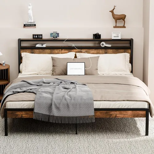 Miniatura 13 de Zevemomo - Base de cama completa con estación de carga, puertos USB y enchufes, base de plataforma tamaño completo con cabecera, base de cama sin