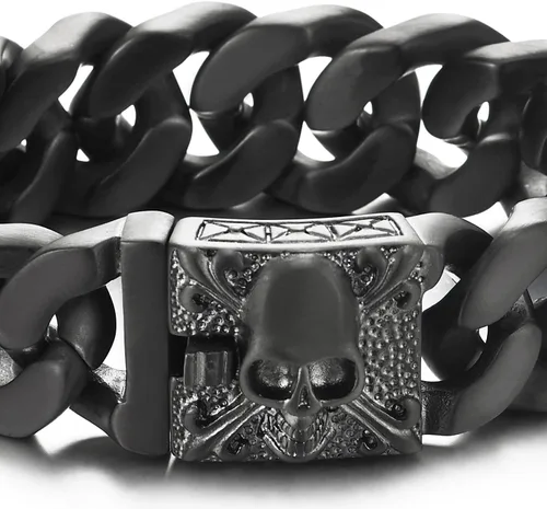 Miniatura 2 de COOLSTEELANDBEYOND Pulsera de cadena de acero cepillado vintage grande para hombre con flor de lis y calavera