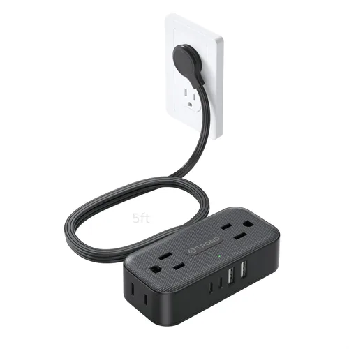 Miniatura 10 de TROND Regleta de alimentación de enchufe plano de 5 pies, cable de extensión plano pequeño con múltiples tomas, 4 puertos de CA y 4 puertos USB