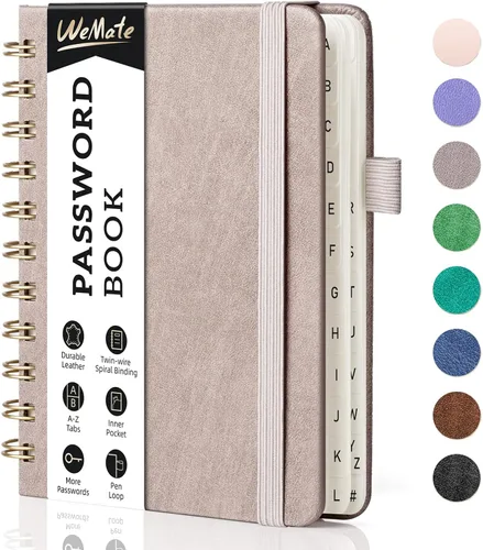 Miniatura 50 de WEMATE Libro de contraseñas con pestañas alfabéticas, libro en espiral para personas mayores, cuaderno de contraseñas de Internet, diario