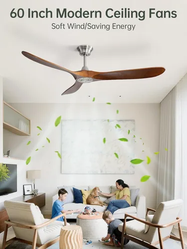 Miniatura 2 de Sofucor Ventilador de techo de 60 pulgadas con control remoto, níquel cepillado y nogal claro, 3 aspas de madera, motor CC reversible, temporizador