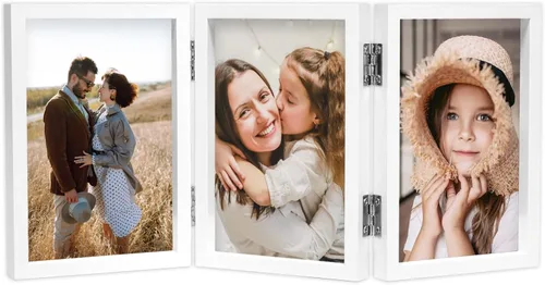 Marco de fotos triple con bisagras de 5 x 7 para 3 fotos, marcos de fotos plegables con soporte vertical de vidrio, blanco