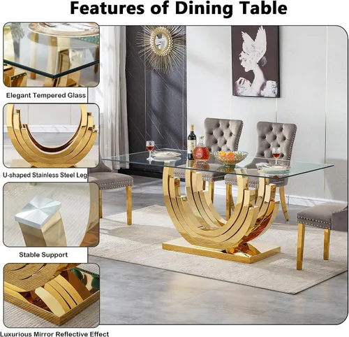 Miniatura 6 de Juego de mesa de comedor de cristal dorado moderno de 70 pulgadas para 4, juego de mesa de comedor rectangular de 5 piezas con tres patas de acero