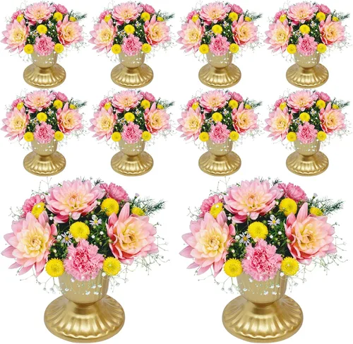 Miniatura 20 de Juego de 10 portavelas de metal dorado de 10.2 pulgadas de alto, florero, arreglo floral, candelabro, candelabro, portavelas para bodas, fiestas