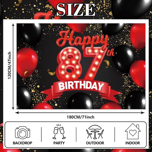 Miniatura 2 de Cartel de feliz cumpleaños 87 años, fondo rojo y negro, decoraciones de banner, globos, tema para niñas, mujeres, princesas, fiesta de cumpleaños