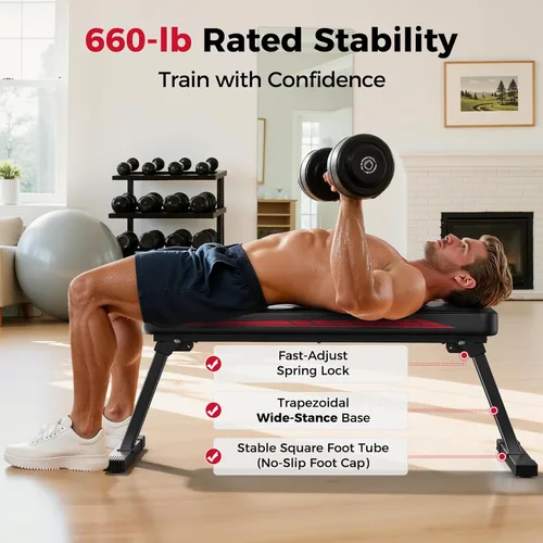 Miniatura 3 de FLYBIRD Foldable Flat Weight Bench for Home Gym, 600/1000 lbs Capacity with Dual Locking for Strength Training, Easy Setup & Storage for Small