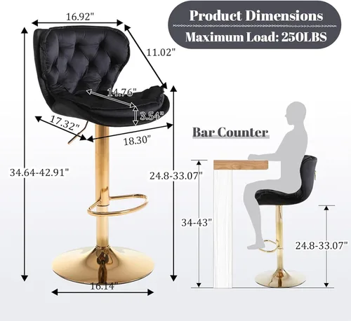 Miniatura 2 de Taburetes de bar de terciopelo, modernos taburetes giratorios de altura ajustable, sillas de mostrador de 360 grados con respaldo y base de metal