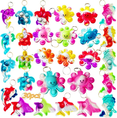 Paquete de 30 llaveros a granel con diseño de animales marinos, pulpos, tiburones, tortugas, delfines, mini llavero pop amigo, recuerdos de fiesta