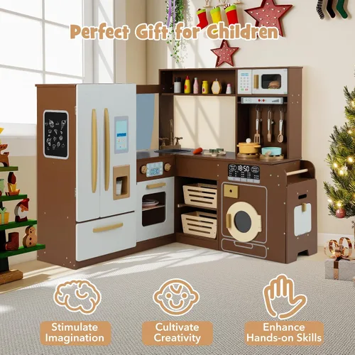 Miniatura 9 de Costzon Juego de Cocina de Esquina, Set de Juguetes de Cocina con Luces y Sonidos Reales, Refrigerador Grande, Máquina de Hielo, Horno, Microondas