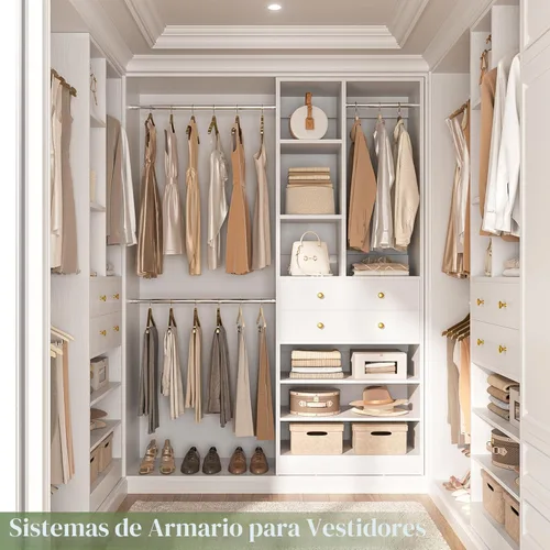 Miniatura 8 de Besiost Sistema de Armario, Organizador de Armario de 4.2 a 8.8 Pies con 2 Cajones y Estantes de Madera, Sistema de Vestidor con 5 Varillas