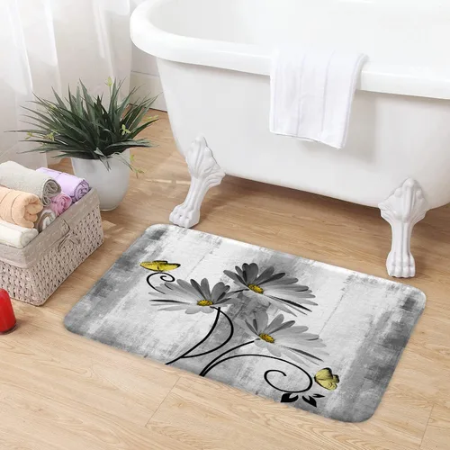 Miniatura 4 de Alfombra de Baño Rústica de Granja, Alfombra de Baño de Flores de Margaritas Grises de Granja, Mariposas de Campo, Alfombra de Baño de Madera