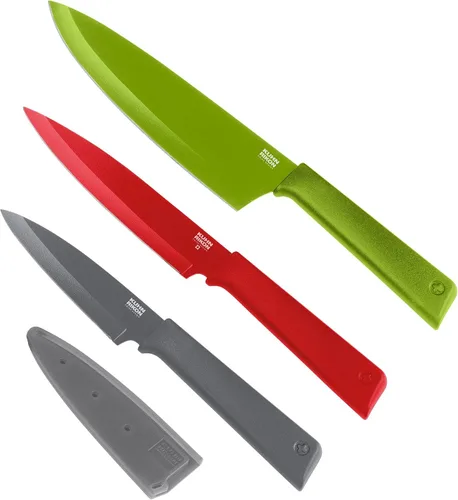 Miniatura 7 de Kuhn Rikon COLORI+ Juego de cuchillos mixtos con revestimiento antiadherente y fundas de seguridad, juego de 3, verde, rojo y gris grafito