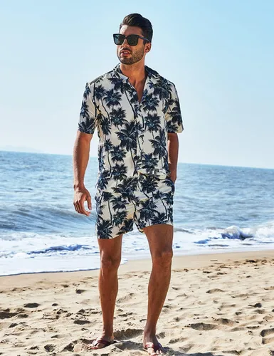 Miniatura 2 de Lavnis Conjunto de camisa hawaiana para hombre, camisa de manga corta con flores y pantalones cortos, trajes de 2 piezas