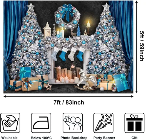 Miniatura 4 de Avezano Telón de fondo para chimenea de Navidad, cajas de regalo de juguetes, fondo de árbol de Navidad para fotografía, vintage, azul y blanco