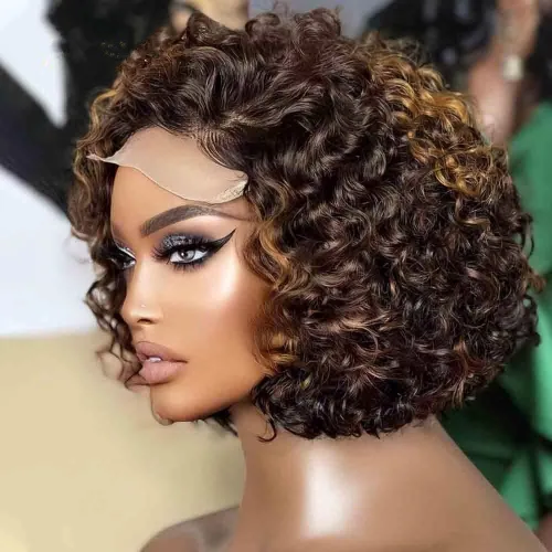 Miniatura 3 de Pelucas cortas de cabello humano rizado estilo Bob con reflejos, pelucas de encaje frontal HD de 13 x 4, pelucas de cabello brasileño con corte