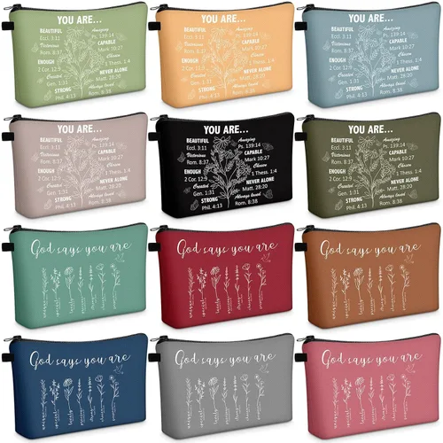 Miniatura 7 de Chunful 12 Piezas Regalos Cristianos Inspiradores Bolsas de Maquillaje Religiosas a Granel para Mujeres Bolsa de Cosméticos con Versículos Bíblicos