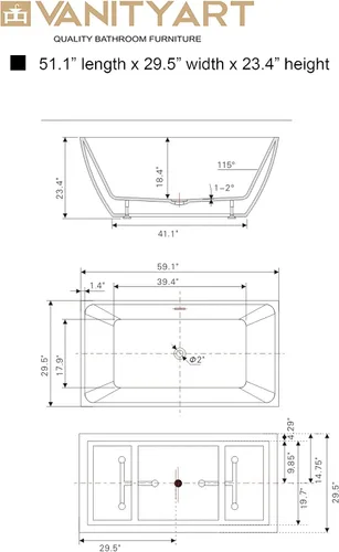 Miniatura 8 de Vanity Art Bañera independiente acrílica de 59 x 30 pulgadas Bañeras de mejoras para el hogar con diseño contemporáneo para remojo y baño