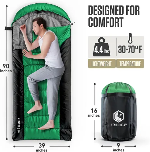 Miniatura 2 de VENTURE 4TH Saco de dormir para mochileros – XXL, tamaños dobles e individuales – Saco de dormir ligero para clima cálido y frío para adultos, niños