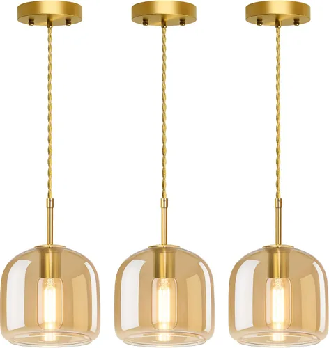 Miniatura 8 de Luces Colgantes de Isla de Cocina - Luz Colgante Dorada, Luces Colgantes de Latón Estilo Granja con Pantalla de Vidrio Ámbar, Luz Colgante Ajustable