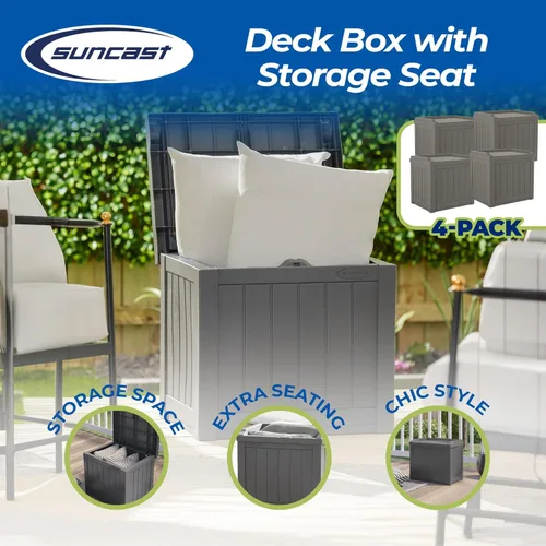 Miniatura 2 de Suncast Caja de almacenamiento pequeña de 22 galones para patio trasero o exterior, con atractivo asiento de banco y tapa reforzada, color piedra