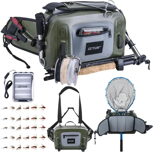 Miniatura 11 de Goture Riñonera de pesca impermeable, IPX8 840D TPU bolsa grande para aparejos con soporte para caña, cierre hermético de cremallera, bolsa de pesca