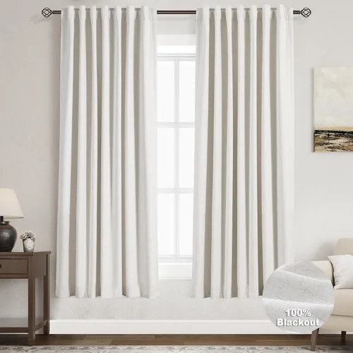 Miniatura 99 de Cortinas de lino 100% opacas para dormitorio, 102 pulgadas de largo, con pestaña trasera, bolsillo para barra, paneles acústicos con aislamiento