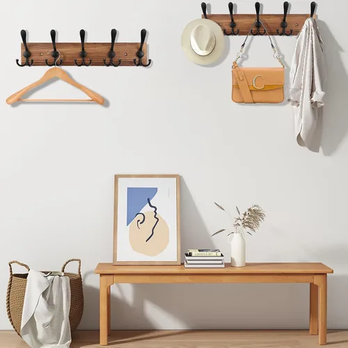 Miniatura 4 de Kuhome Perchero de madera para colgar sombreros de pared, tablón de madera real de pino de 16.9 pulgadas, color marrón, con 5 ganchos triples