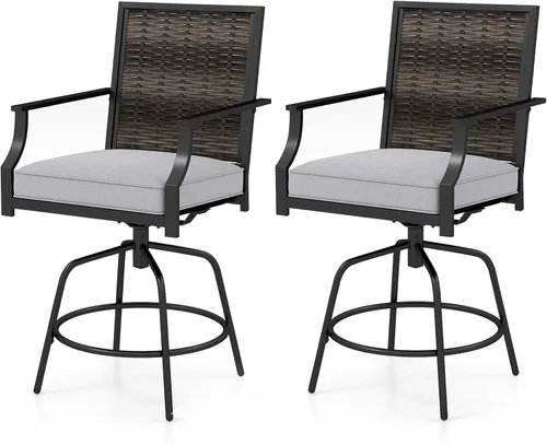 Miniatura 10 de Tangkula Juego de 2 taburetes de bar giratorios para patio, sillas de bar de altura de mostrador para exteriores con respaldo de ratán de Negro