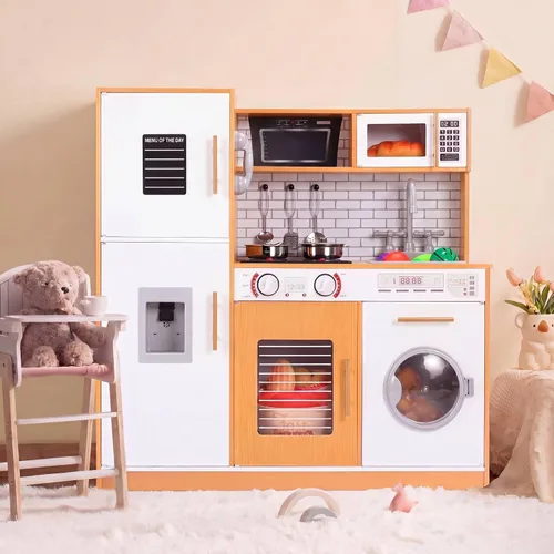 Miniatura 9 de MAMIZO Cocina de juego para niños, cocina de juguete de chef de madera de simulación con lavadora, dispensador de agua, estufa, sonido y luz reales
