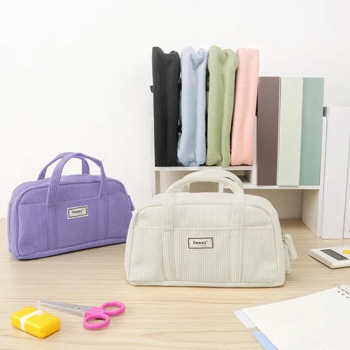 Miniatura 6 de Sooez Estuche grande para lápices, extra grande con 5 compartimentos, bolsa para bolígrafos de amplia apertura, organizador de pana suave con Beige