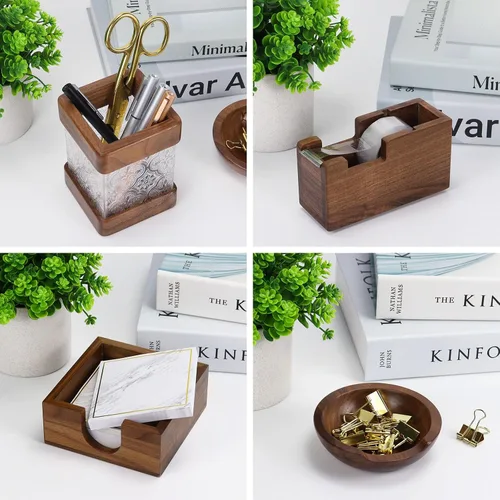 Miniatura 2 de MultiBey 4 organizadores de escritorio de nogal para suministros de oficina, soporte de notas adhesivas de madera, dispensador de cinta, soporte