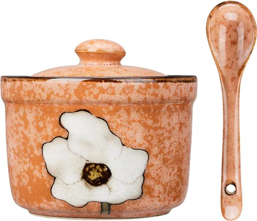Miniatura 8 de Azucarero de cerámica hecho a mano con tapa y cuchara, tarro de condimento de porcelana de 9 onzas con diseño floral pintado a mano, recipiente