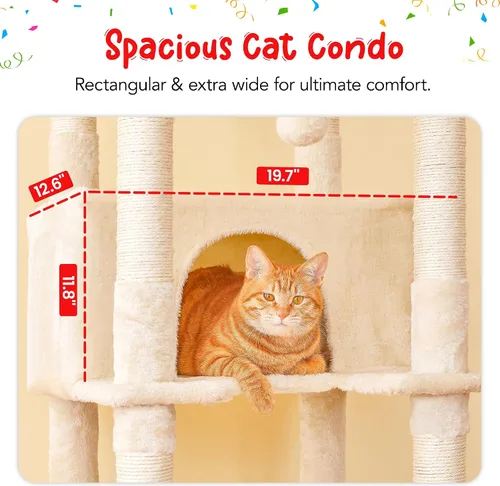 Miniatura 5 de Árbol para gatos de 77 pulgadas de alto, torre grande de varios niveles para gatos con 4 hamacas, 2 perchas acolchadas, condominio para gatos, Beige