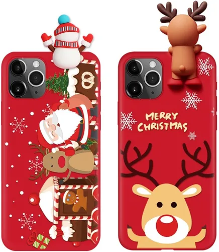 Miniatura 17 de Paquete de 2 fundas navideñas lindas para iPhone 13 Pro, patrón rojo 3D de muñeco Papá Noel muñeco de nieve Feliz Navidad de silicona suave TPU