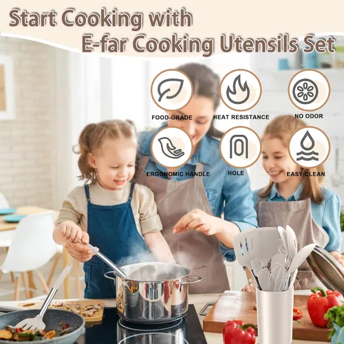 Miniatura 7 de E-far Juego de utensilios de cocina de silicona, 14 piezas, color caqui, con soporte, espátulas de herramientas de cocina con mango de acero