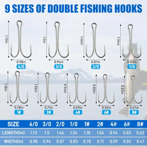 Miniatura 3 de OROOTL Ganchos de pesca dobles, 50 ganchos clásicos de rana de acero de alto carbono, doble gancho de pesca de púas con vástago abierto para agua