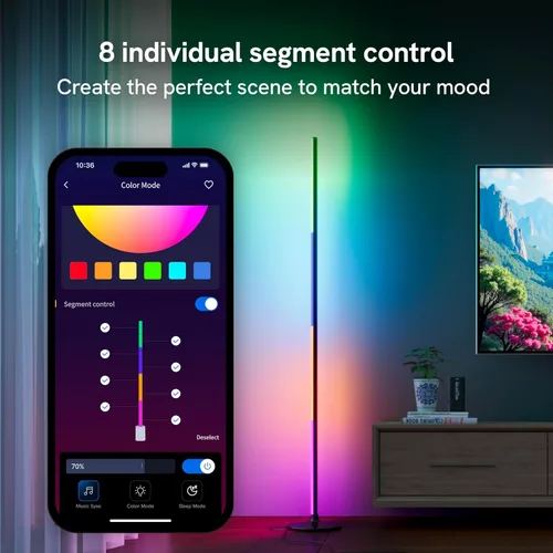 Miniatura 2 de Lámpara de pie Aura RGBICW, iluminación ambiental LED de esquina con control por aplicación y voz con sincronización de música, 1000 lúmenes, 4 mil