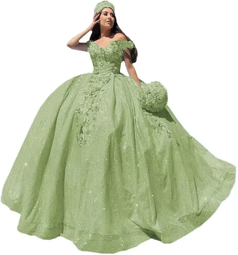 Youjiayi Vestidos de quinceañera florales 3D para mujer, vestidos largos de tul hinchados, vestidos de baile de graduación con hombros descubiertos