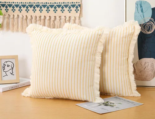 Miniatura 3 de NUYECY Juego de 2 fundas de almohada bohemias amarillas de 22 x 22 pulgadas, almohada neutra de algodón con flecos de borlas, funda de cojín