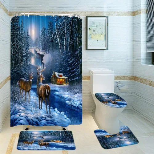 Miniatura 34 de Cortina de ducha de ciervos de Navidad, bosque nevado, ciervos, granja, renos, naturaleza, nevado, paisaje, tela, juego de cortinas de baño