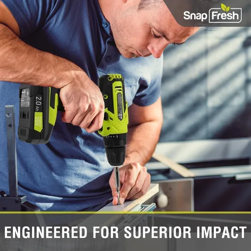 Miniatura 5 de SnapFresh Juego de taladro inalámbrico de 20 V, taladro eléctrico de 3/8 pulgadas con 2 velocidades variables, ajuste de par 21+1, LED, 43 brocas