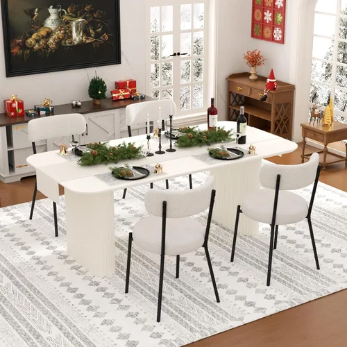 Miniatura 18 de Juego de mesa de comedor ovalada negra moderna de 70.9 pulgadas para 4, mesa de cocina rectangular estilo crema con sillas negras Boucle, juego