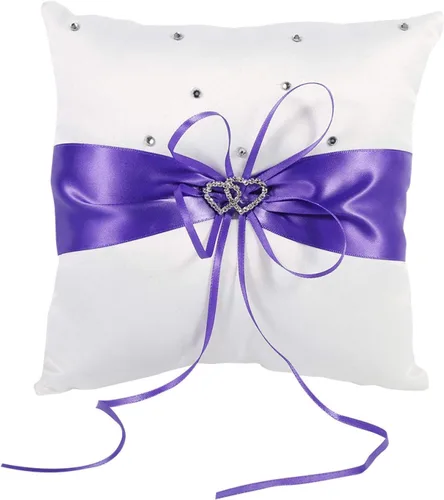 Miniatura 9 de Tyenaza Almohada portadora de anillo, almohada de anillo de boda de 7.8 pulgadas, soporte para anillo azul real, cojín de doble corazón